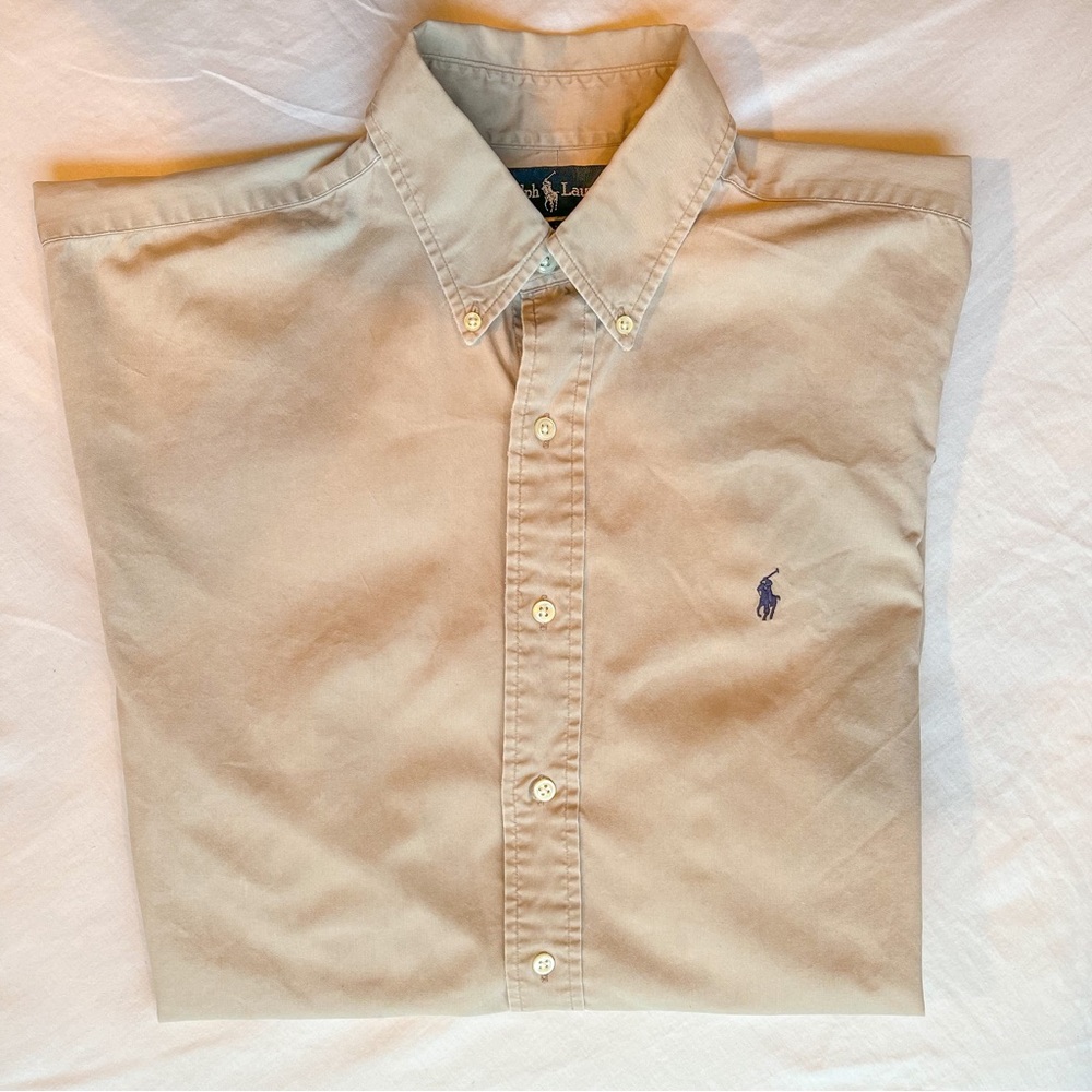 Ralph Lauren Long-Sleeve Light Tan Medium Men’s Shirt with Navy Insignia